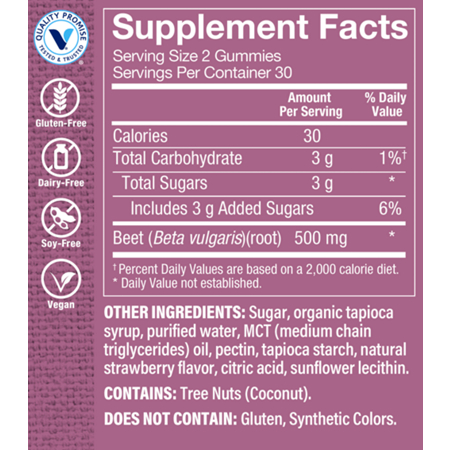 Supplement Facts label for Beet Root Gummies Strawberry