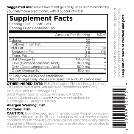 Supplement Facts label for Omega-3 Fish Oil 1500mg of Omega-3s