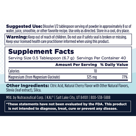 Supplement Facts label for KAL Calming Magnesium Powder 325 MG
