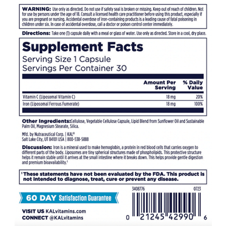 Supplement Facts label for KAL Liposomal Iron plus C Capsules 18 MG