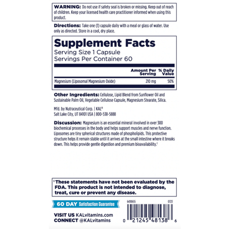 Supplement Facts label for KAL Liposomal Magnesium Oxide Capsules 210 MG