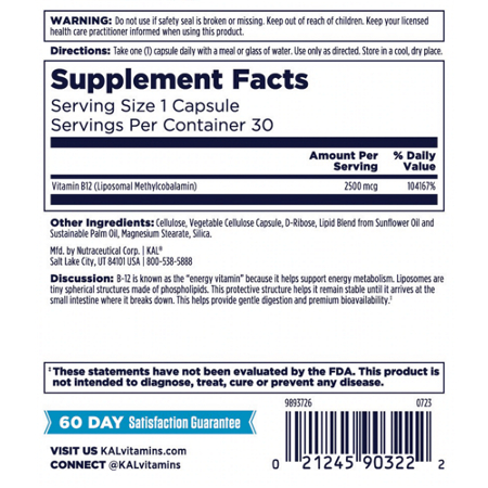 Supplement Facts label for KAL Liposomal B-12 Cellular Energy Support 2500mcg