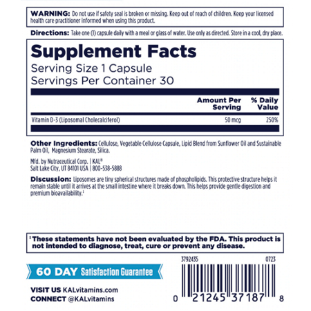 Supplement Facts label for KAL Liposomal D-3 Immune Support 50 mcg