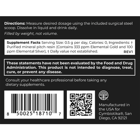 Supplement Facts label for Cymbiotika Shilajit Live Resin Syrup Form