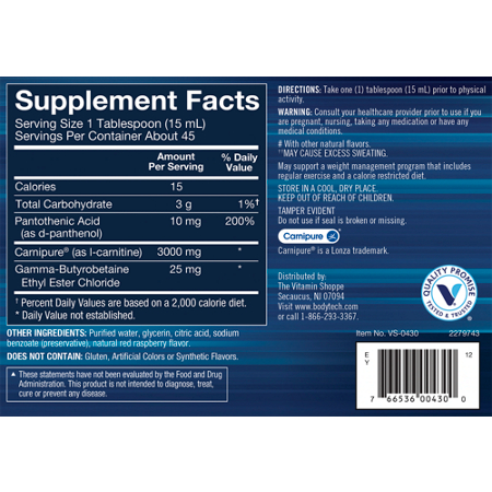 Supplement Facts label for BodyTech L-Carnitine Thermo Rocket Pop