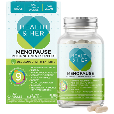 Health and Her Menopause Multi-Nutrient Support capsules bottle and box front