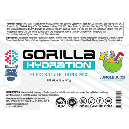 Gorilla Mind Gorilla Hydration Electrolyte Drink Mix Jungle Juice label view 3