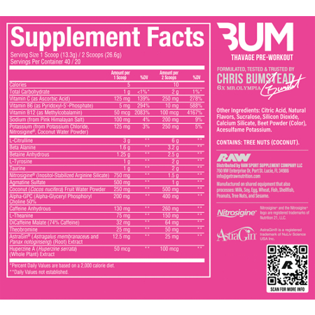 Supplement Facts label for RAW Thavage Pre-Workout Powder Dragon Fruit
