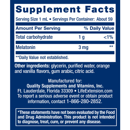 Supplement Facts label for Life Extension Fast-Acting Liquid Melatonin