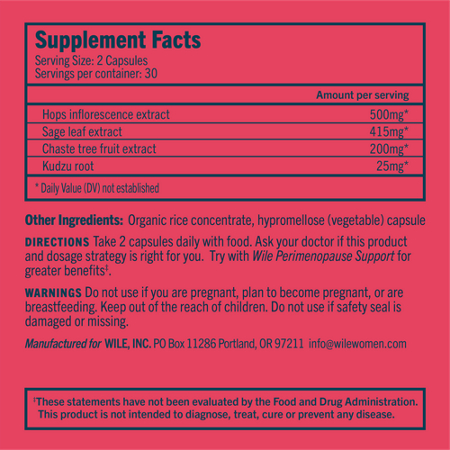 Supplement Facts label for Wile Hot Flash capsules