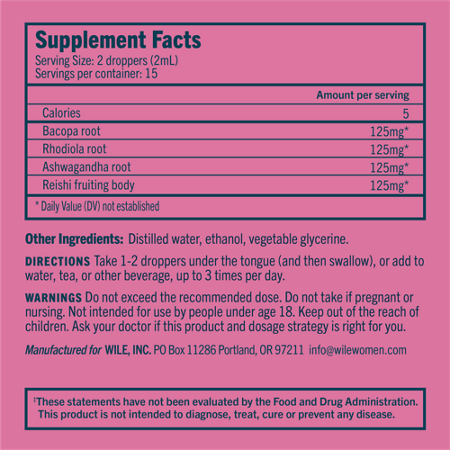 Supplement Facts label for Wile Inc Burnout Relief Tincture