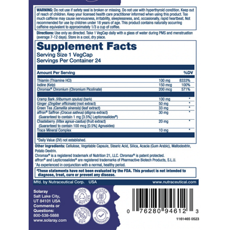 Supplement Facts label for Solaray Her Life STAGES PMS and Menstrual