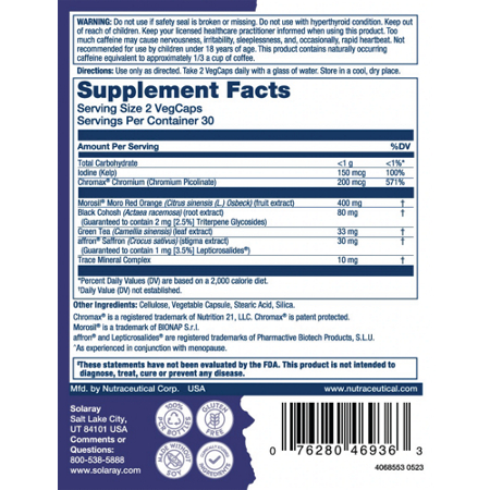 Supplement Facts label for Solaray Her Life STAGES Menopause Capsules