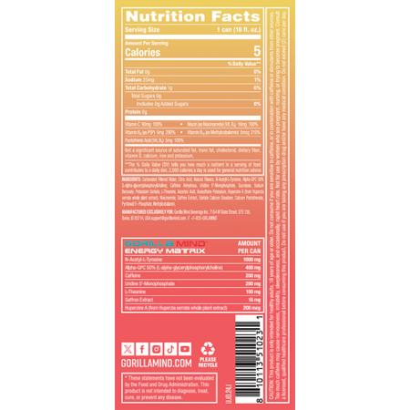 Supplement Facts label for Gorilla Mind Energy Drink Tropic Storm