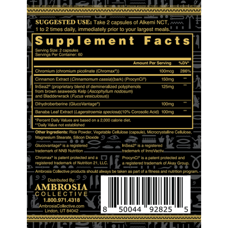 Supplement Facts label for Ambrosia Collective Alkem Glucose Disposal capsules