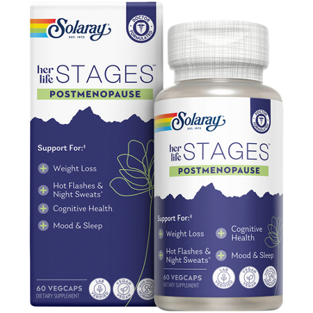 Solaray Her Life Stages PostMenopause capsules bottle and box front