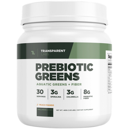 Transparent Labs Prebiotic Greens Peach Mango container front