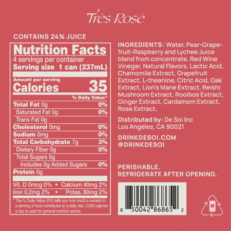 De Soi Inc Tres Rose Sparkling Aperitif Nutrition Label
