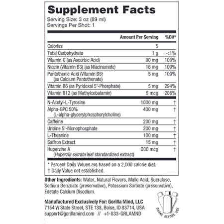 Supplement Facts label for Gorilla Mind Energy Shot Arctic White
