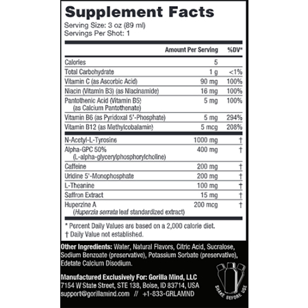 Supplement Facts label for Gorilla Mind Energy Shot Black Cherry Vanilla