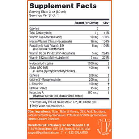 Supplement Facts label for Gorilla Mind Energy Shot Orange Rush