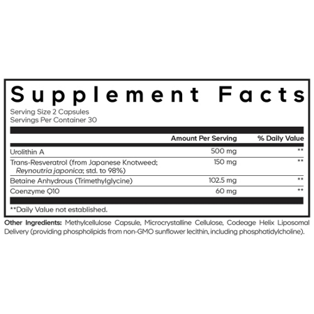 Supplement Facts label for Liposomal Urolithin-A 60 capsules 500 MG