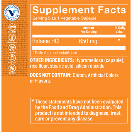 Supplement Facts label for Betaine HCl Fast-Acting Digestive Support 650 MG