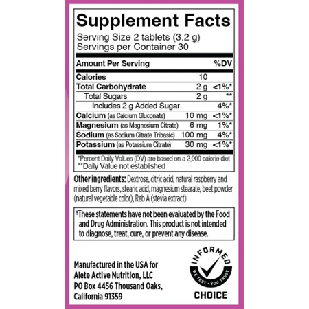 Supplement Facts label for SaltStick Electrolyte Fast Chews Mixed Berry