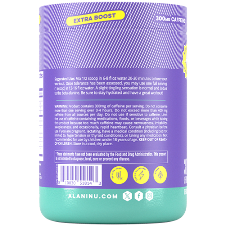 Alani Nu Pre-Workout with Extra Boost Frozen Lemonade 13.7 oz back