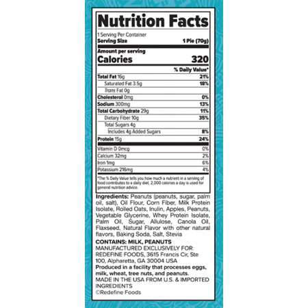 Supplement Facts label for Redefine Foods Oatmeal Protein Pie Skippy
