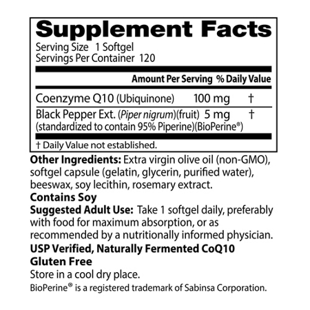 Supplement Facts label for CoQ10 with BioPerine 100mg