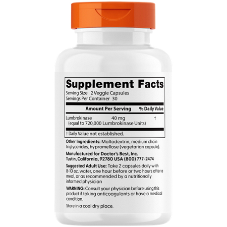 Supplement Facts label for Doctors Best Lumbrokinase 60 capsules 20 MG