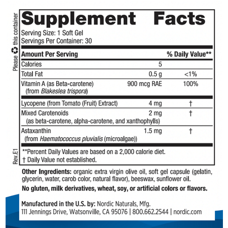 Supplement Facts label for Nordic Naturals Vitamin A plus Carotenoids Softgels