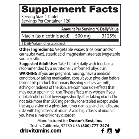 Supplement Facts label for Doctors Best Sustained Release Niacin 500 MG