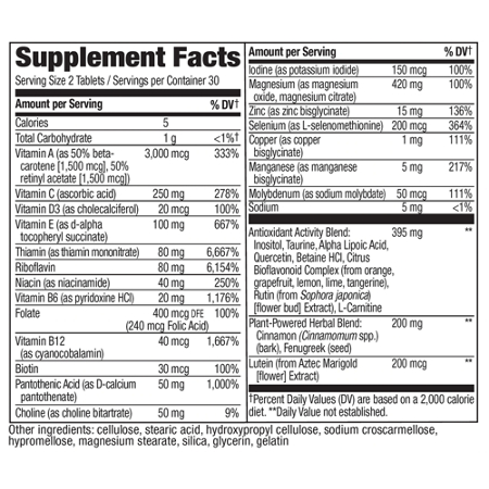 Supplement Facts label for Natures Way Alive Diabetic Multivitamin