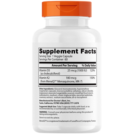 Supplement Facts for Vitamin K2 MK-7 with MenaQ7 + D3