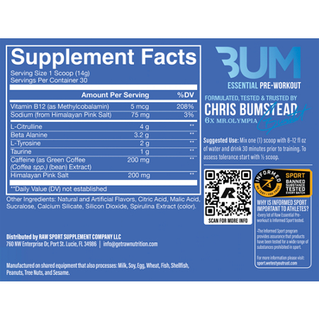 Supplement Facts label for RAW Essential Pre-Workout Powder Blue Raspberry