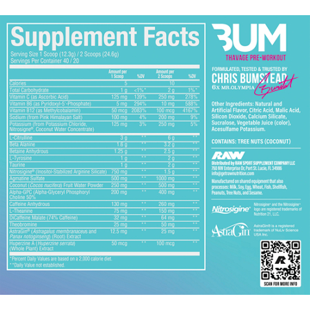 Supplement Facts label for RAW Thavage Pre-Workout Powder South Beach Slush