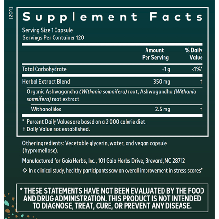 Supplement Facts label for Gaia Herbs Ashwagandha Root Stress Support 350 MG