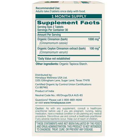Supplement Facts label for Himalaya Herbal Healthcare Organic Cinnamon Tablets