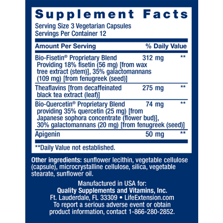 Supplement Facts label for Life Extension Senolytic Activator Capsules