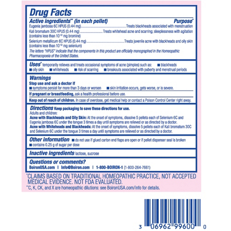 Drug Facts label for Boiron Acne Relief Kit