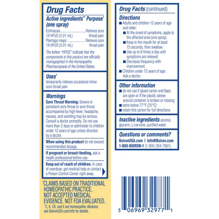 Boiron ThroatCalm Spray Drug Facts Label