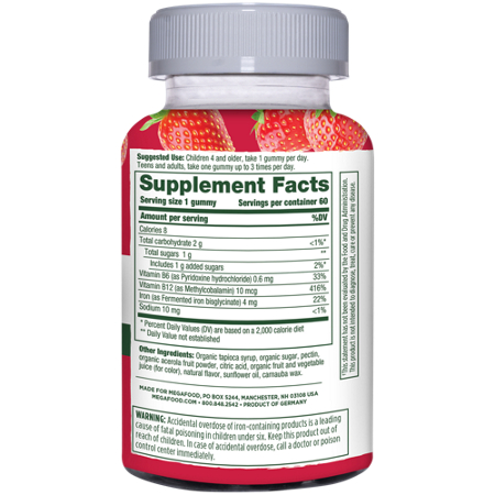 Supplement Facts label for Megafood Iron Energy Gummies