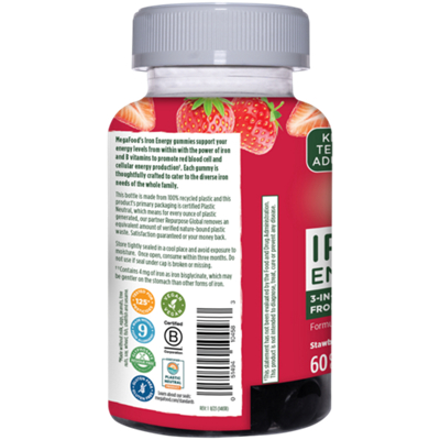 Iron Energy Gummies - 3-In-1 Energy Support with Iron, Vitamin B6 & B12 - Strawberry (60 Gummies)