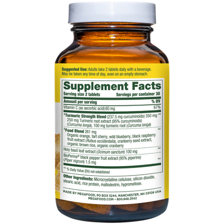 Supplement Facts label for Megafood Turmeric Curcumin Whole Body Minis tablets