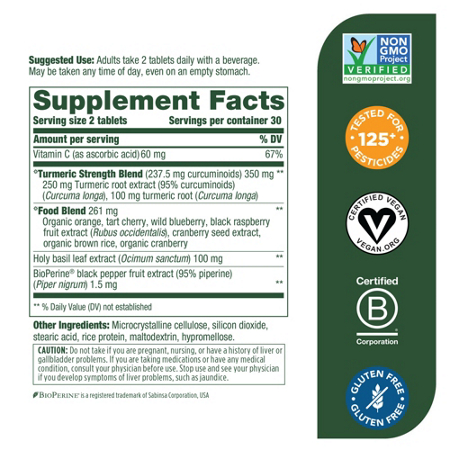 Supplement Facts label for Megafood Turmeric Curcumin Whole Body Minis Tablets