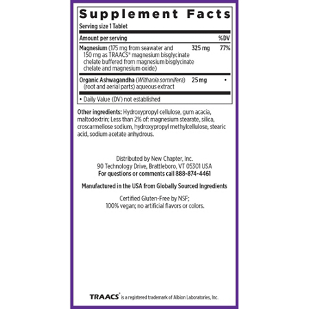 Supplement Facts label for New Chapter Magnesium plus Ashwagandha Tablets