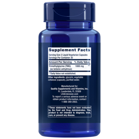 Supplement Facts label for Life Extension TMG Trimethylglycine Capsules 500 MG