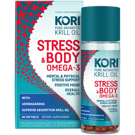 Kori Stress & Body Omega-3 Krill Oil with Ashwagandha box and bottle front